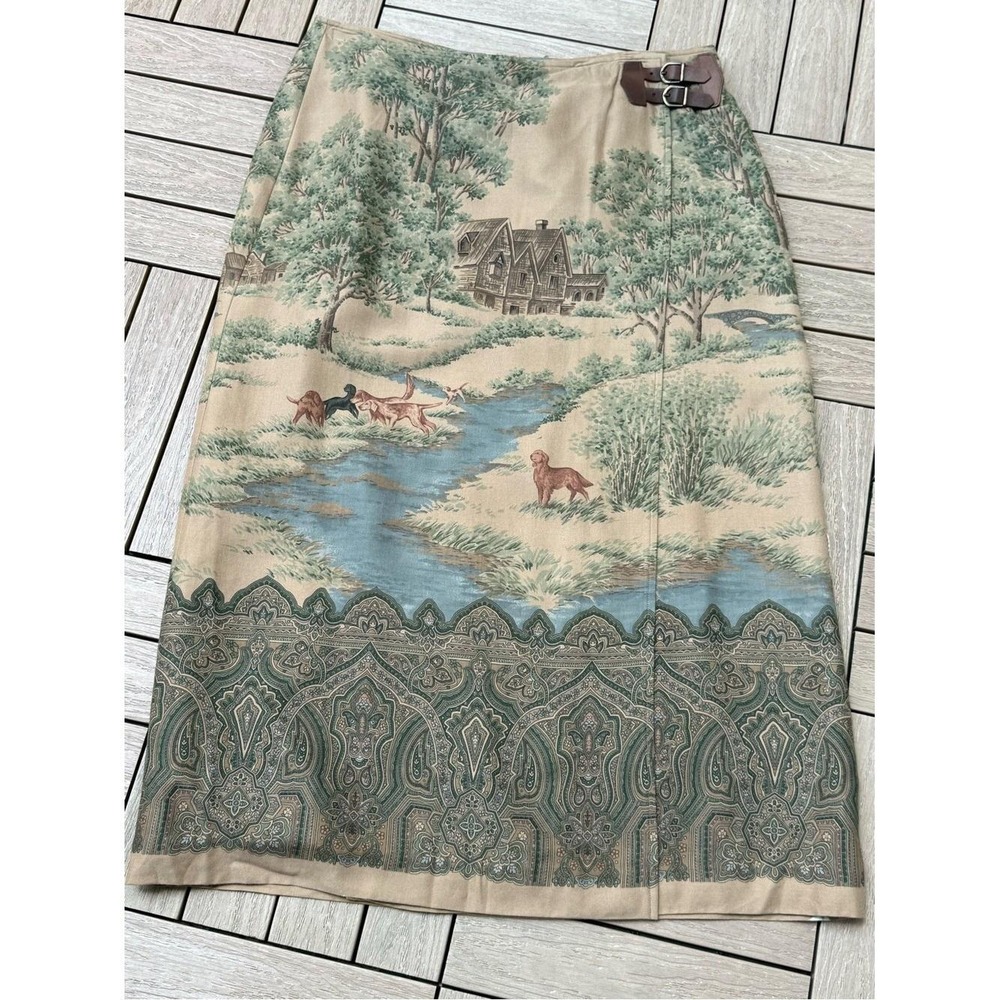 1990 Lauren Ralph Lauren wrap skirt with countryside landscape scenes print - Picture 6 of 9